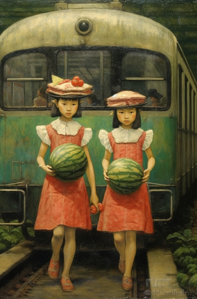 两个小女孩拿着西瓜站在废弃的火车前创意插画背景,插画/手绘图,插画/手绘图库,插画/手绘图下载,插画/手绘